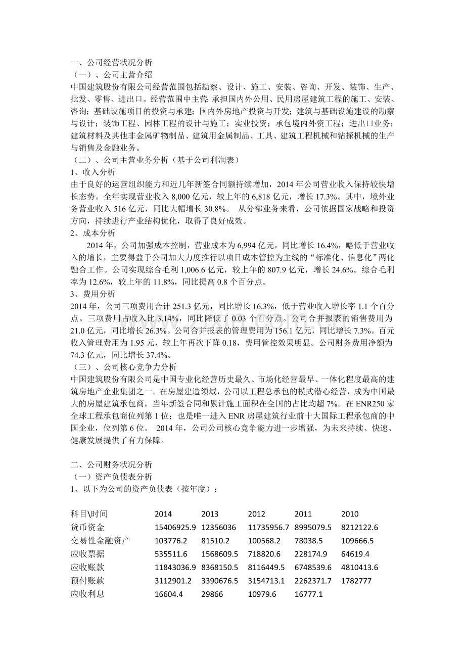 中国建筑股份有限公司-2014年财务分析报告.doc_第1页