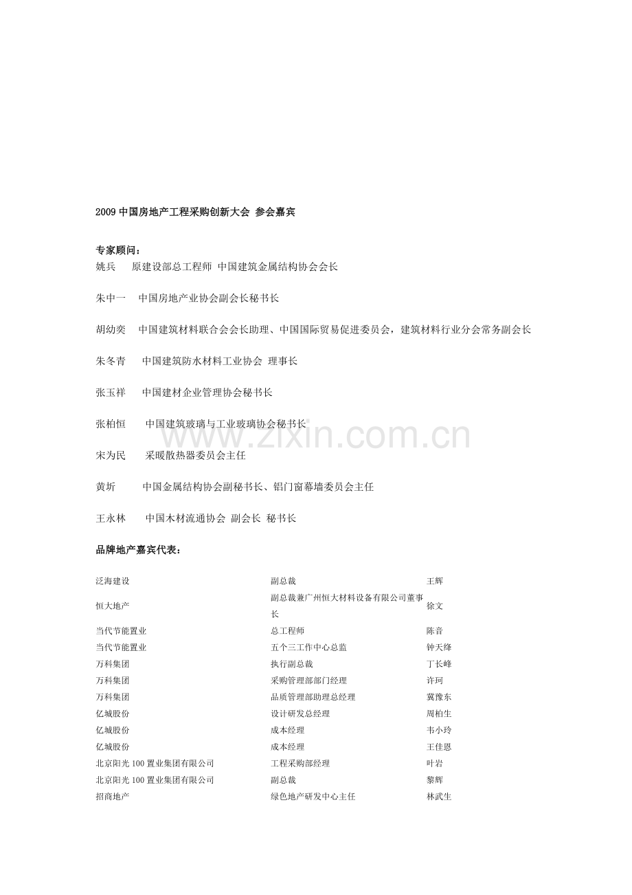 2009中国房地产工程采购创新大会-到会人员名单.doc_第1页
