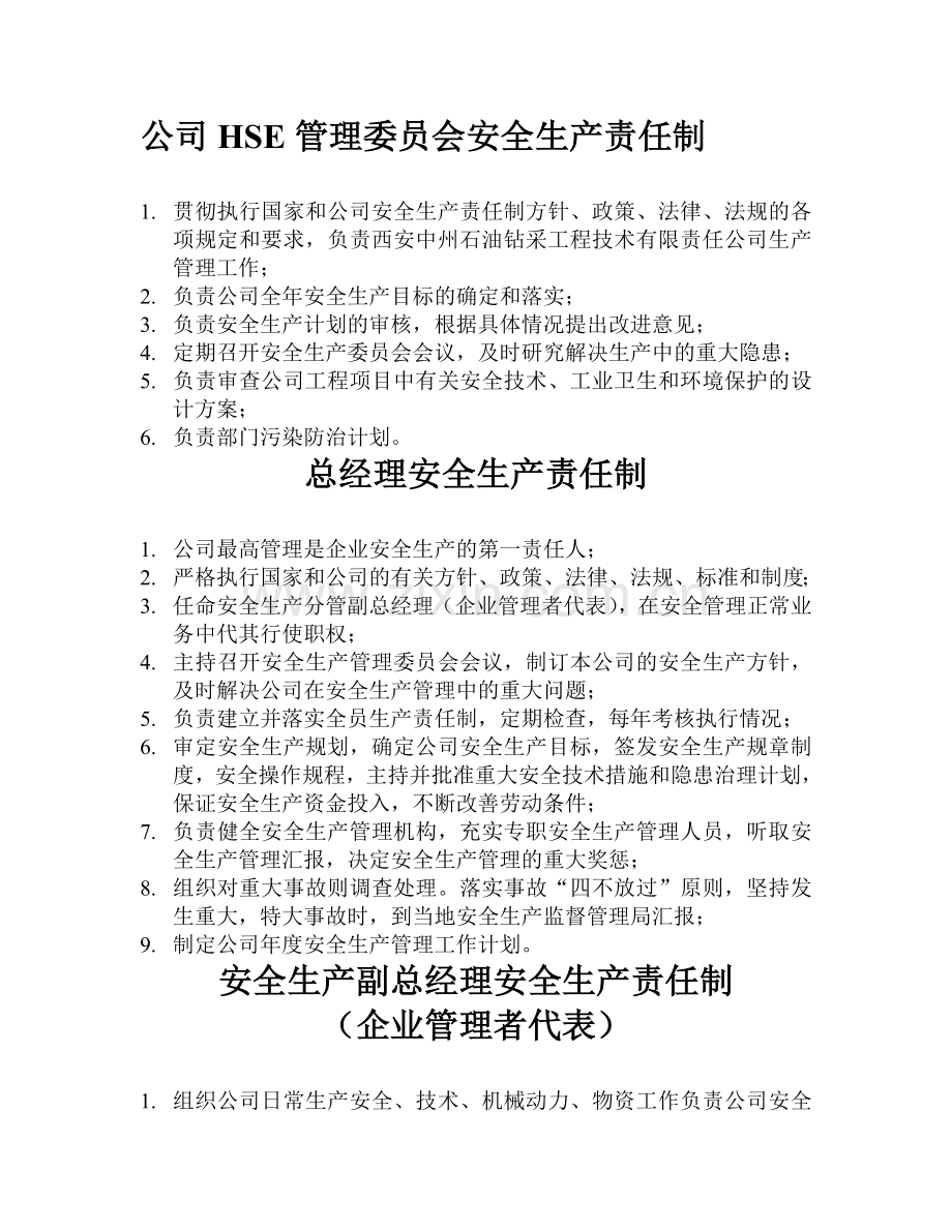 公司HSE管理委员会安全生产责任制.doc_第1页