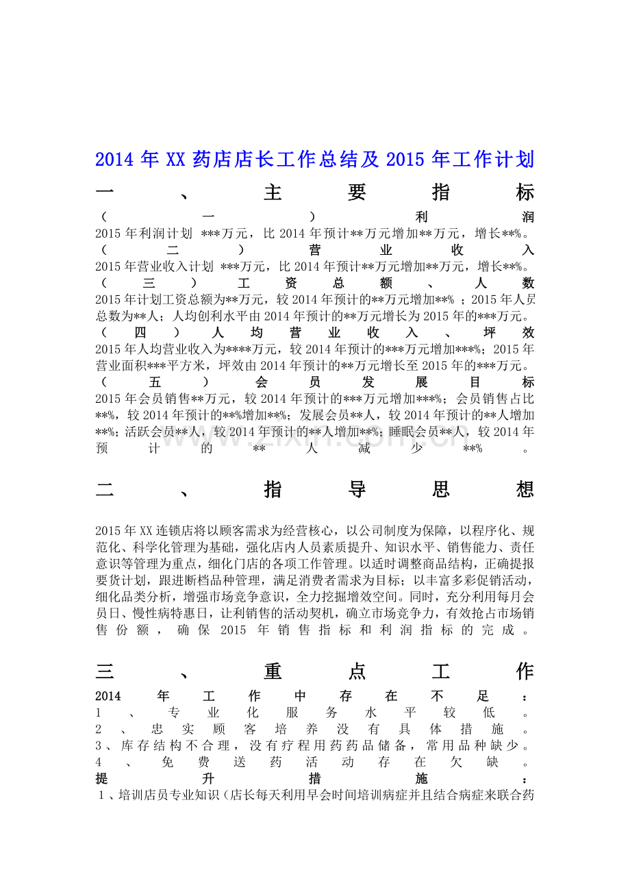 2014年XX药店店长工作总结及2015年工作计划.doc_第1页