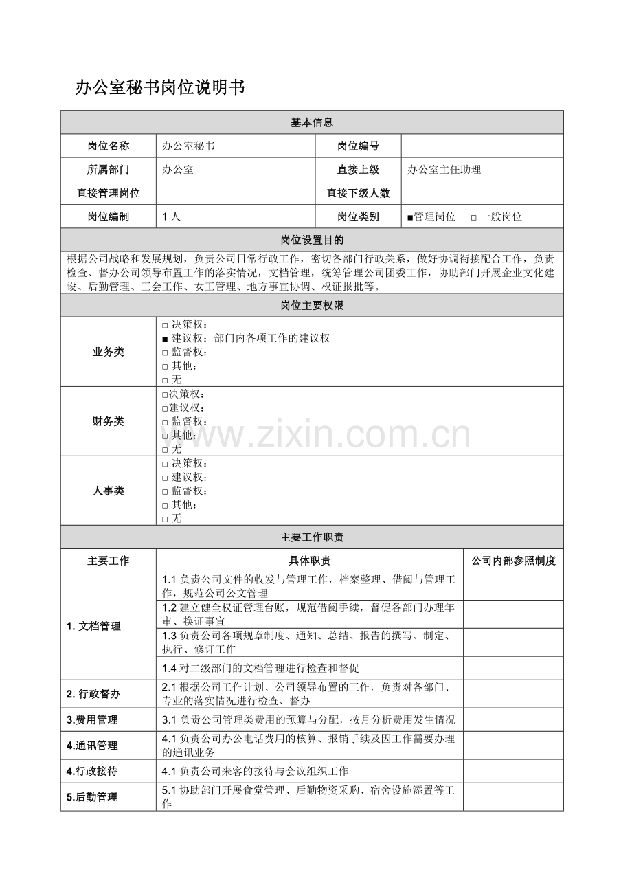 办公室秘书岗位说明书.doc_第1页