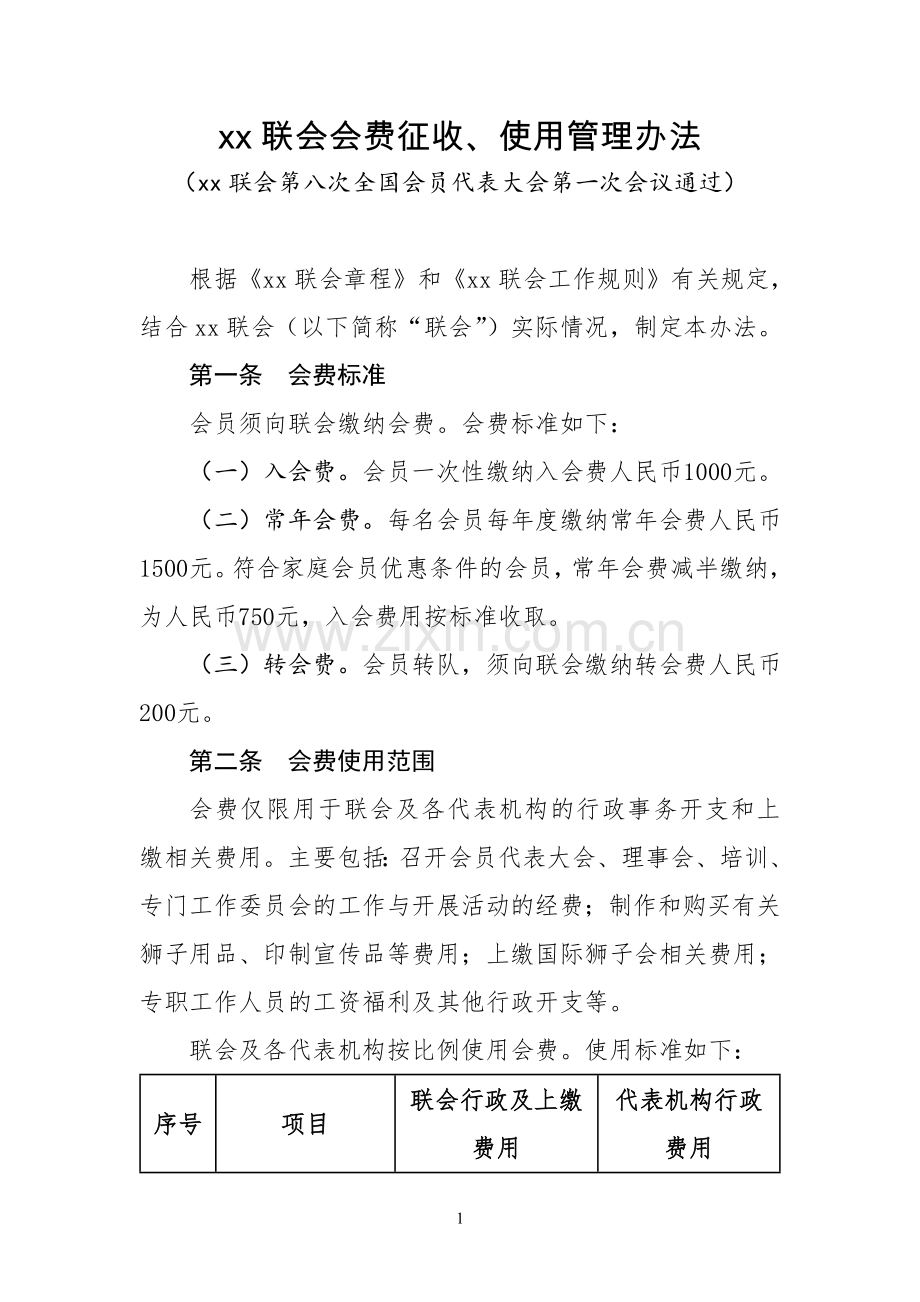 民间社团协会会费征收、使用管理办法模版.doc_第1页