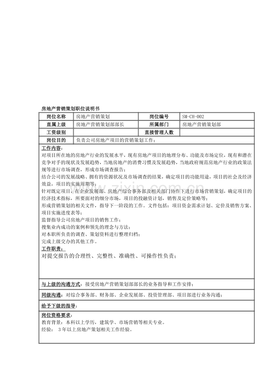 房地产营销策划部岗位说明书.doc_第1页