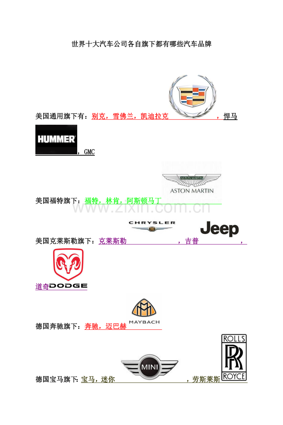 世界十大汽车公司各自旗下都有哪些汽车品牌.doc_第1页