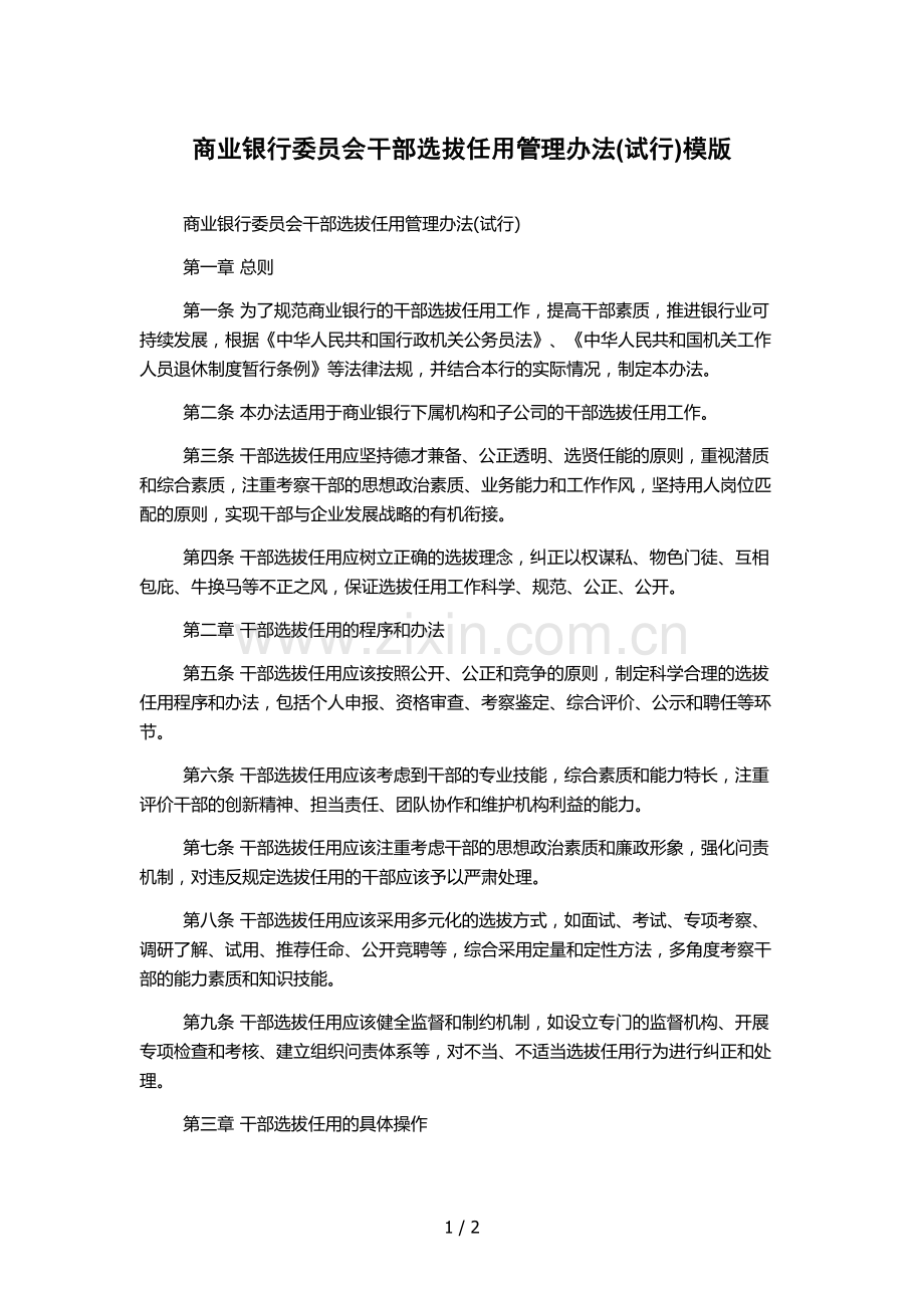 商业银行委员会干部选拔任用管理办法(试行)模版.docx_第1页