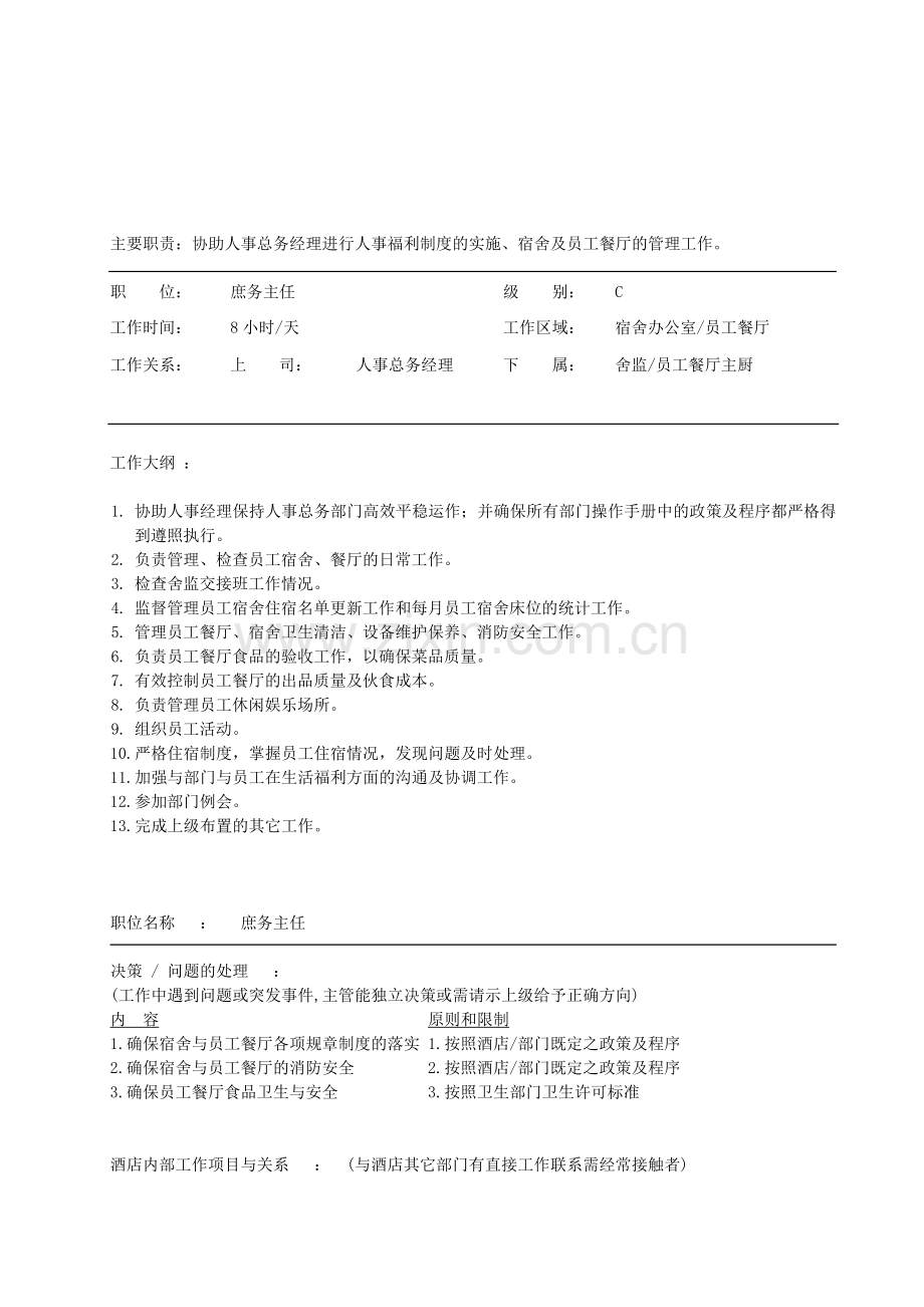 人力资源庶务主任--进行人事福利制度的实施、宿舍及员工餐厅的管理工作.doc_第1页