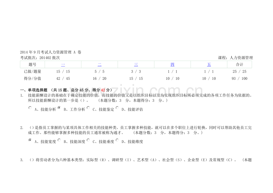 2014年9月考试人力资源管理-A-卷重庆大学.doc_第1页