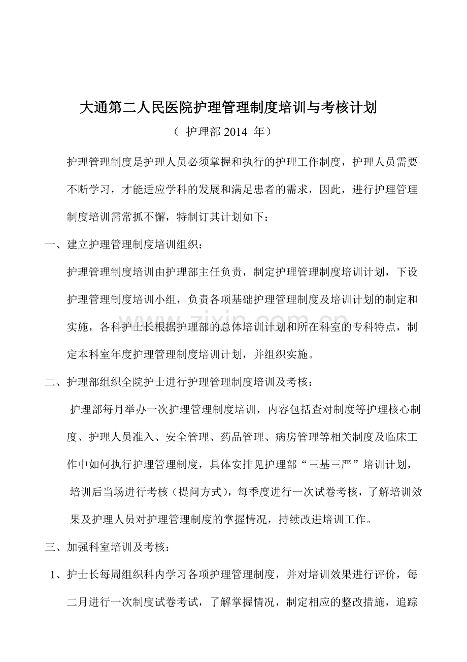 大通第二人民医院护理管理制度培训与考核计划.doc_第1页