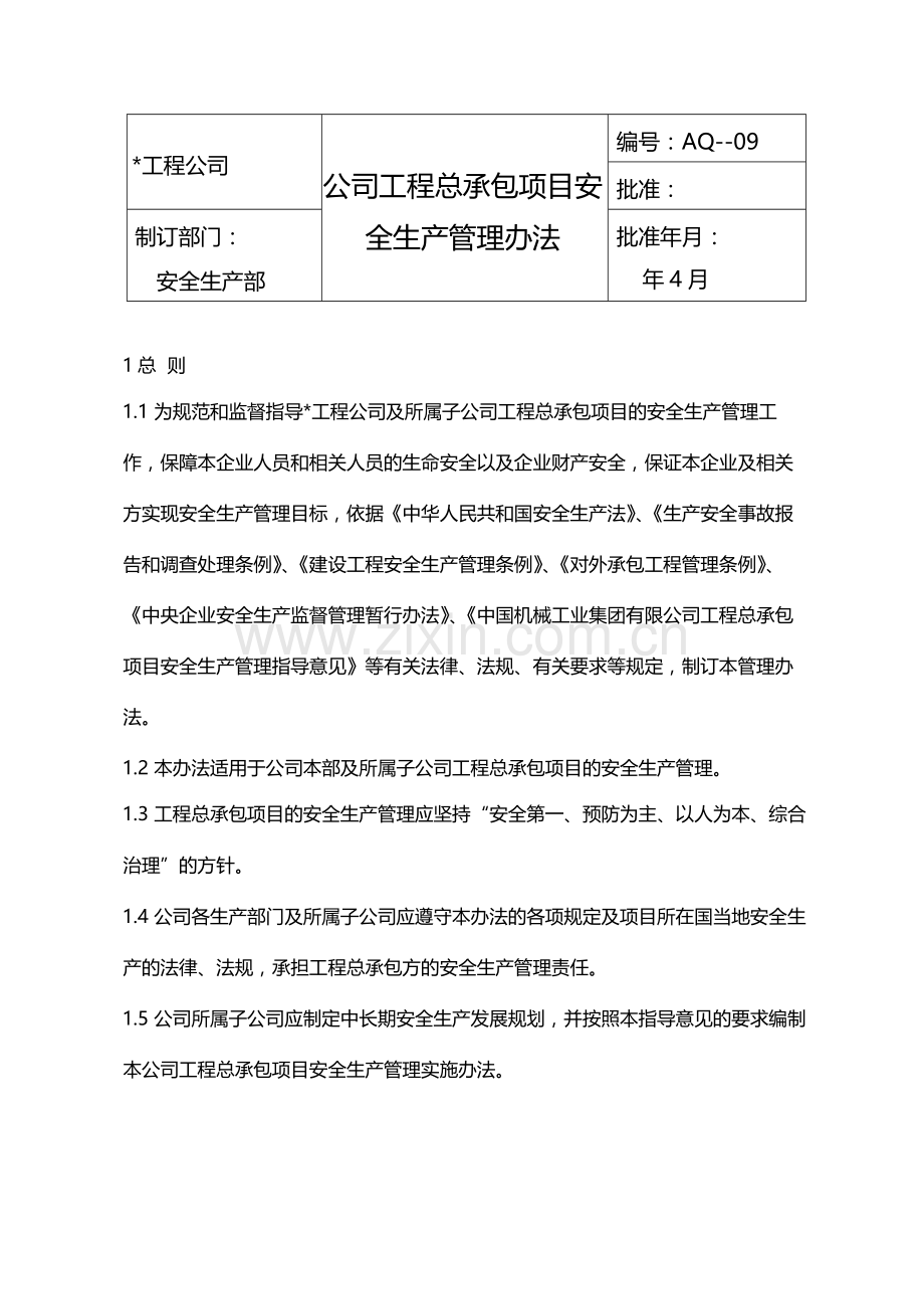 公司工程总承包项目安全生产管理办法模版.docx_第1页