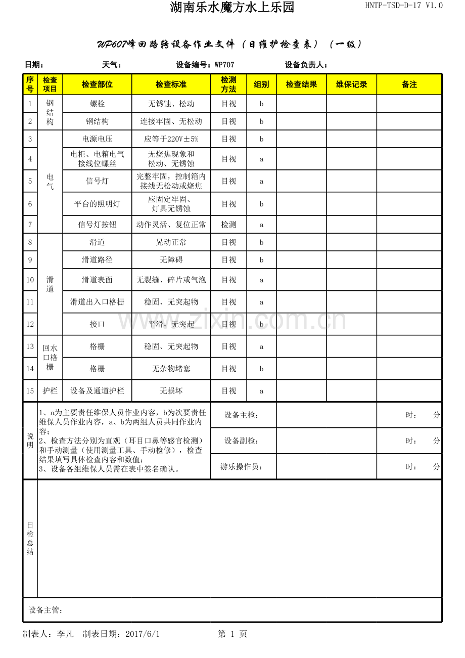 水乐园607峰回路转(日、周、月)检查表模版.xlsx_第1页