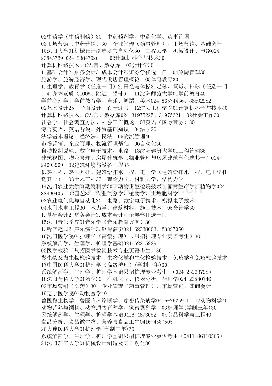 2009年辽宁省普通高校专升本招生计划及考试科目.doc_第2页