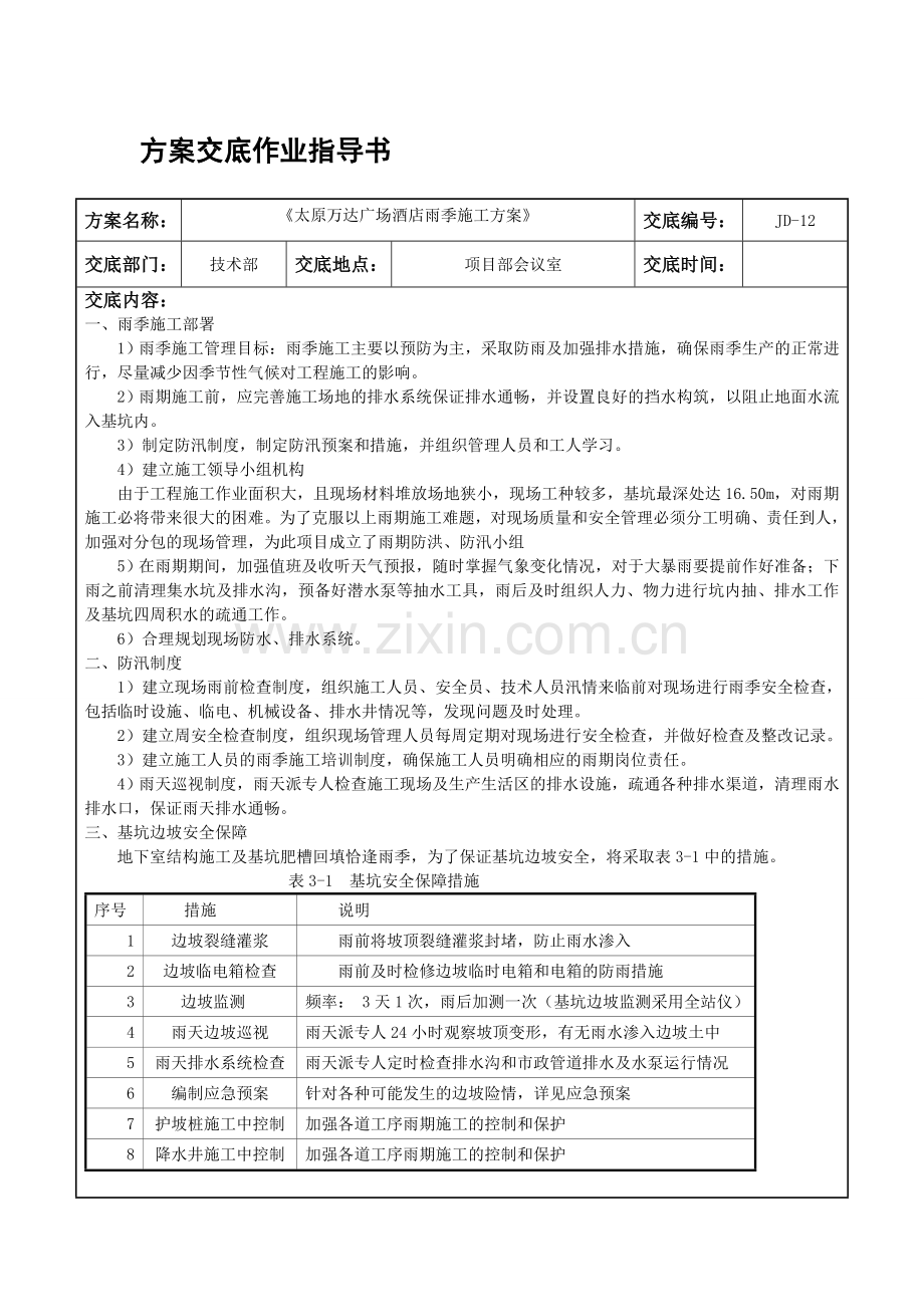 012酒店雨季施工计划交底引诱书.doc_第1页