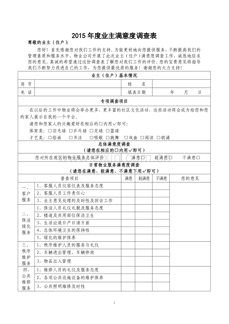 2016年度业主满意度调查表.doc_第1页