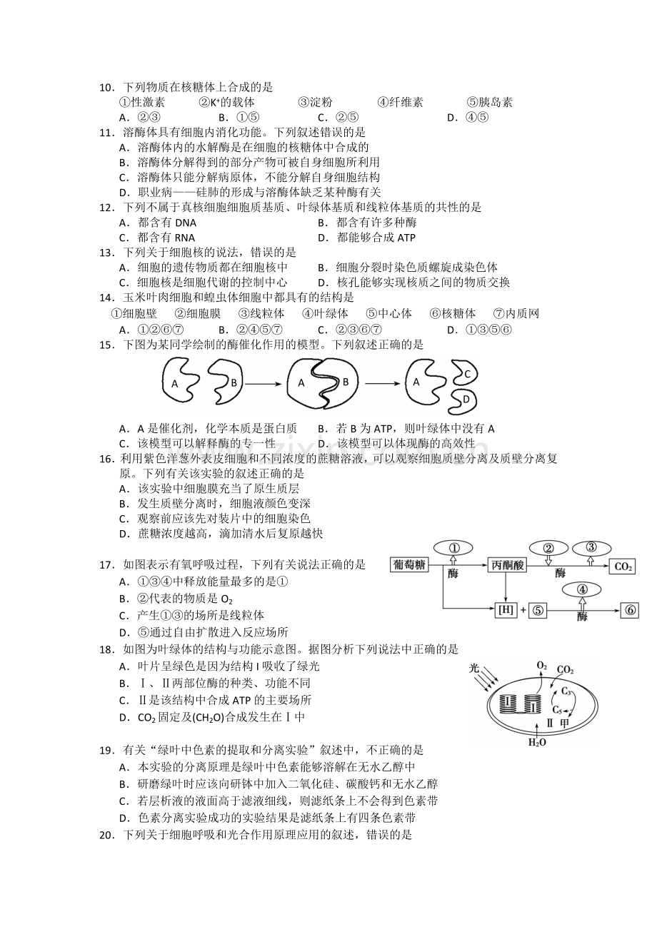 高一生物上册入学考试试题.doc_第2页