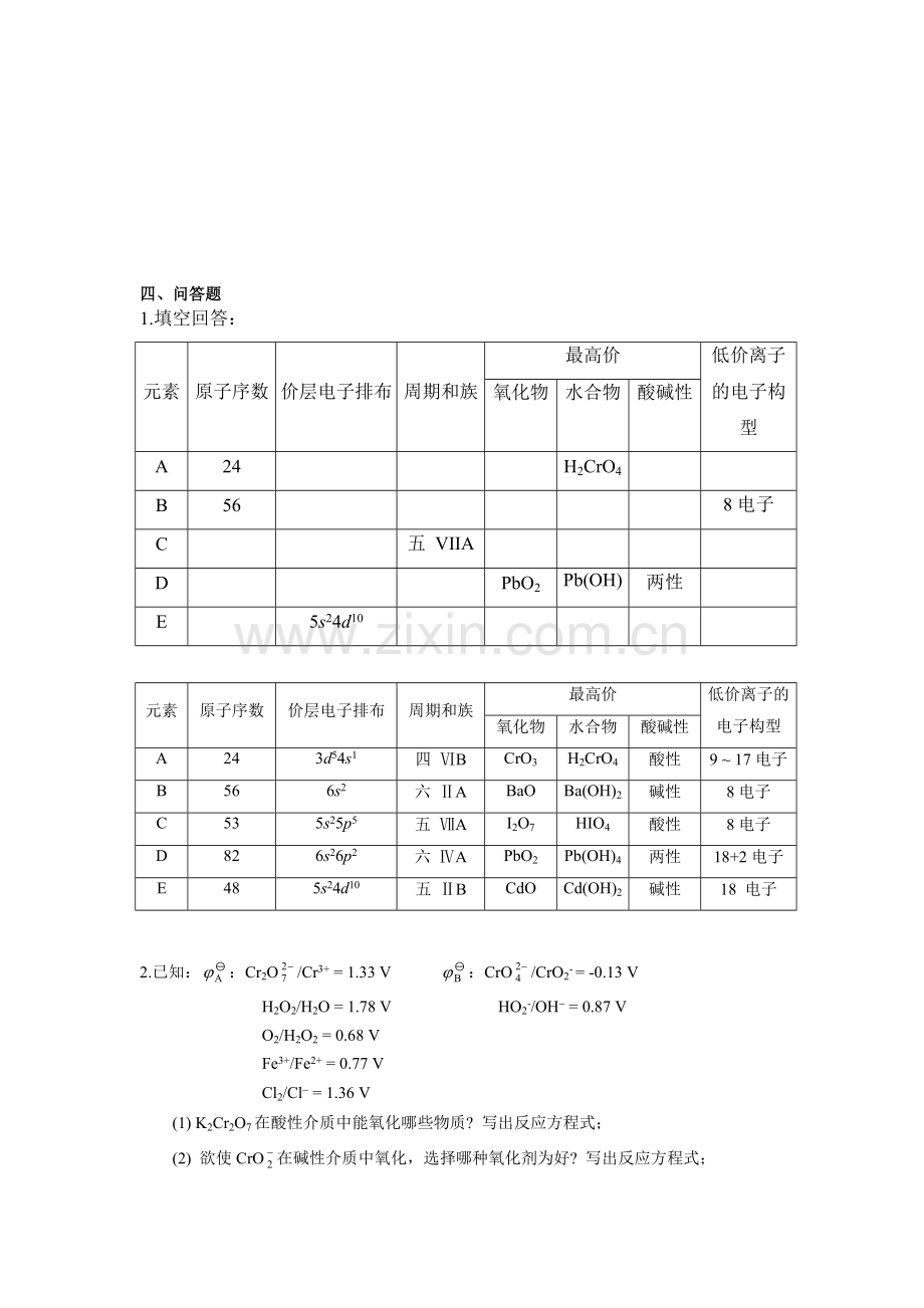 无机及分析化学(董元彦)期末考试出题用——问答题.doc_第1页