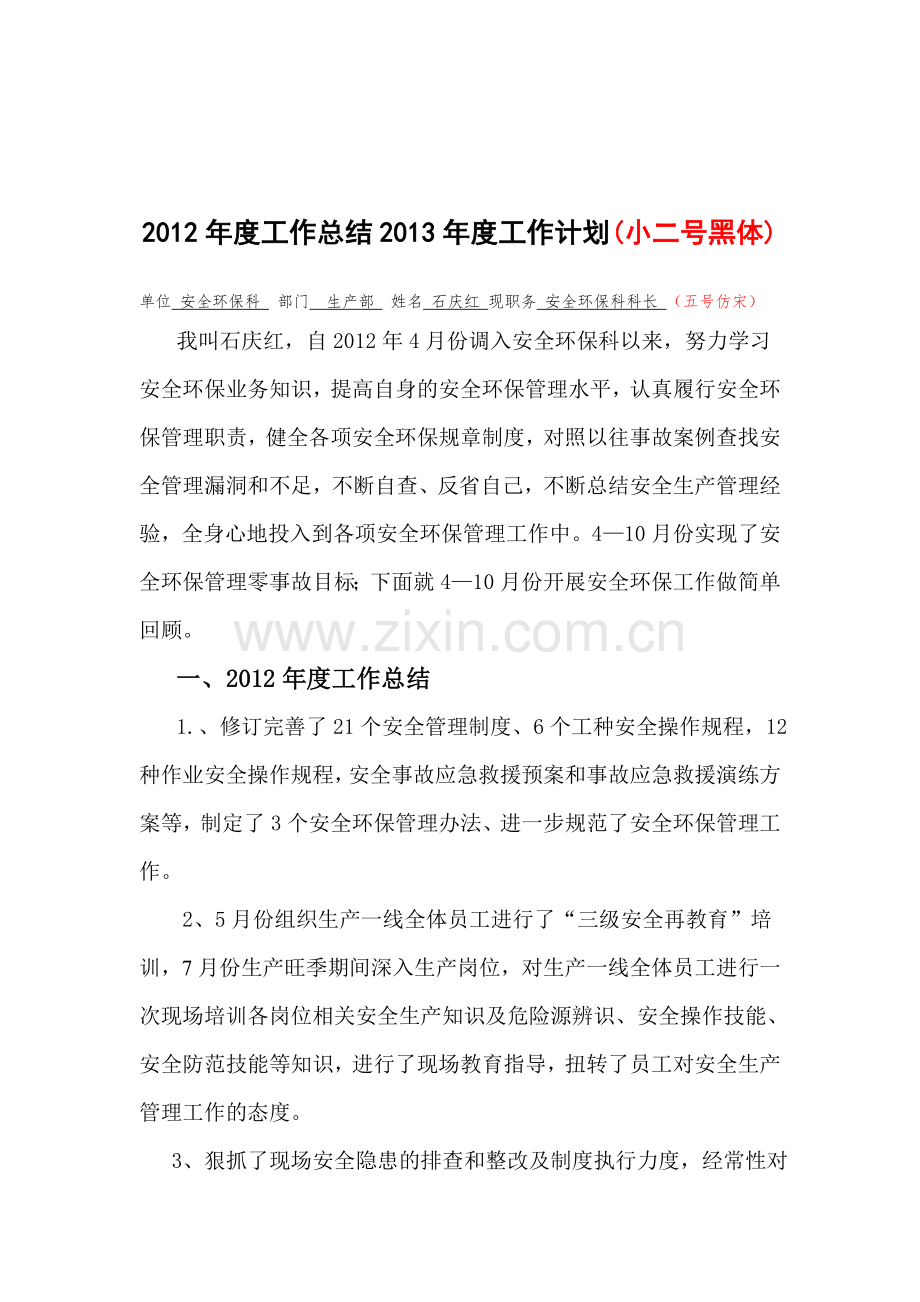 石庆红2012年度工作总结与2013年度工作计划-公司-中心-部门-姓名(模板)1.doc_第1页