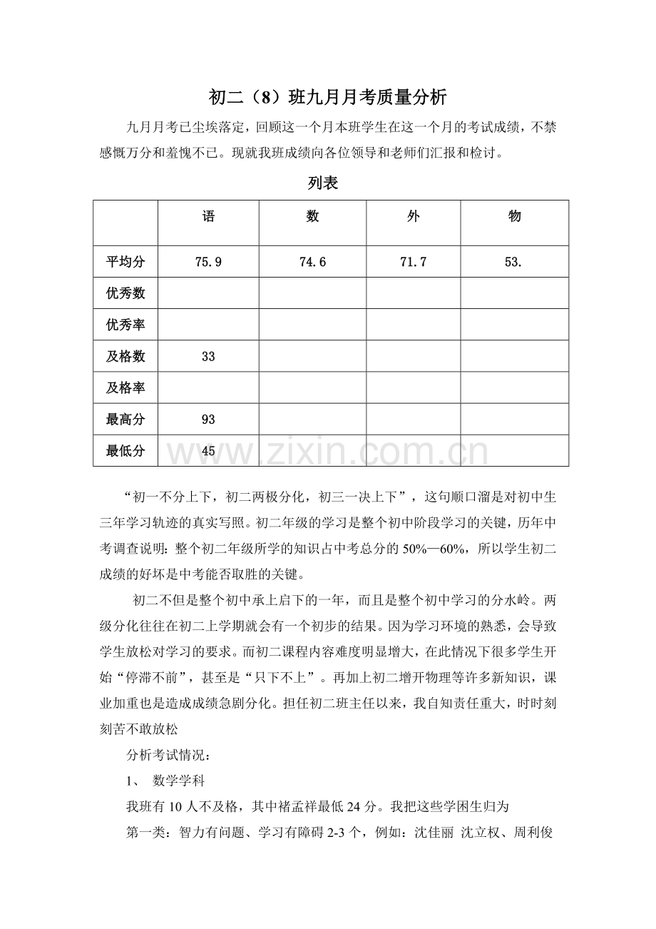 班级月考质量分析.doc_第1页