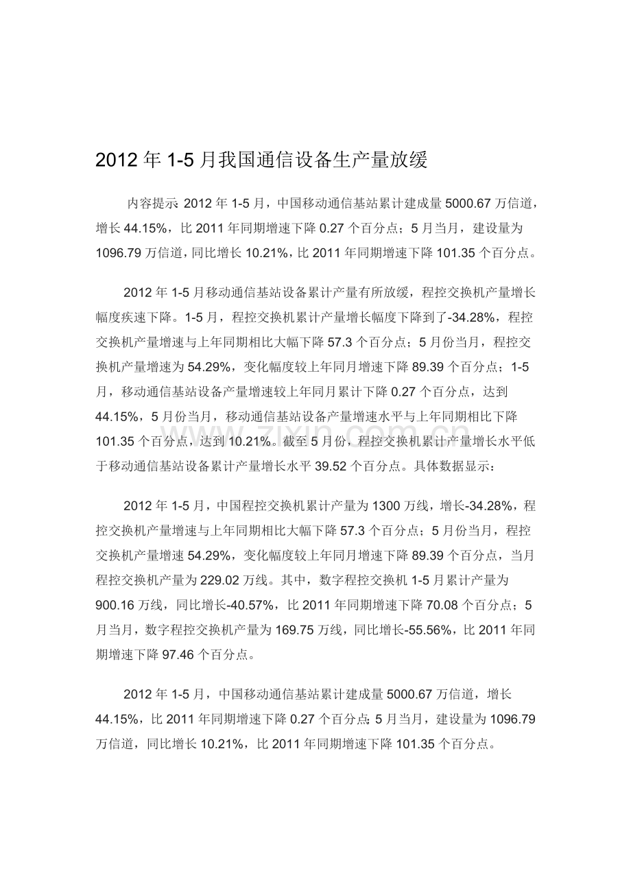 2012年1-5月我国通信设备生产量放缓.doc_第1页