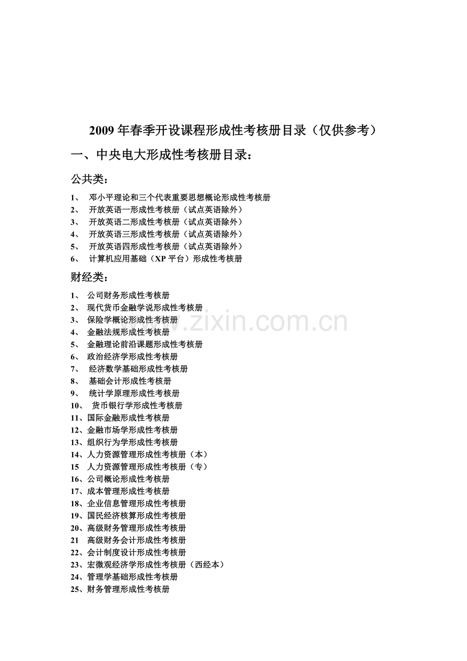 2009年春季开设课程形成性考核册目录(仅供参考).doc_第1页