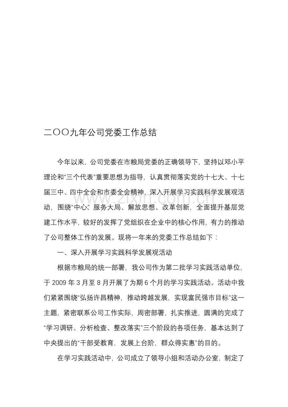 公司党委工作总结2009年.doc_第1页