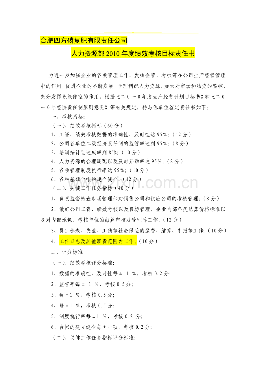 003-合肥某公司人力资源部2010年度绩效考核目标责任书(DOC-50页).doc_第1页