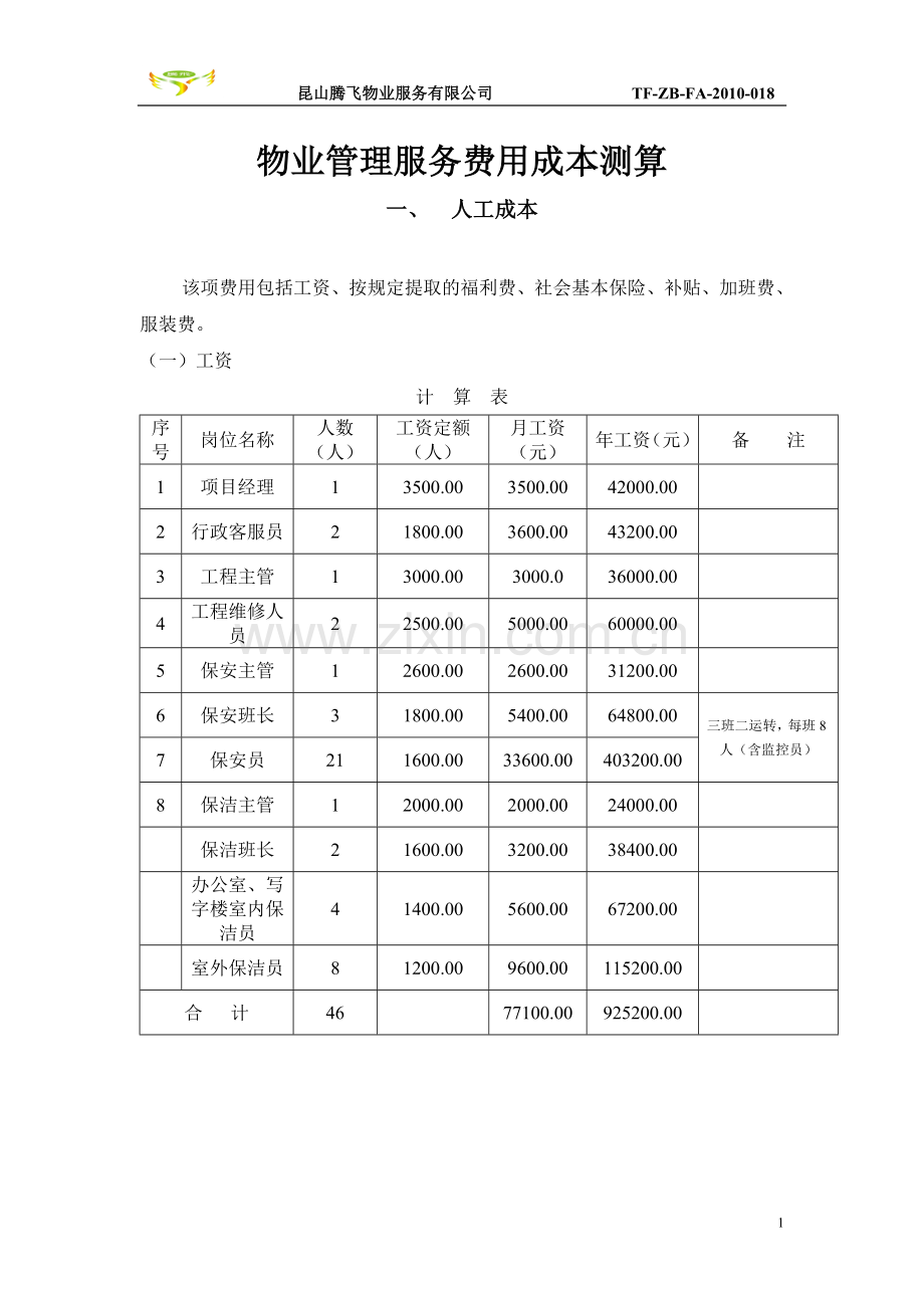 管理服务费用成本测算.doc_第1页