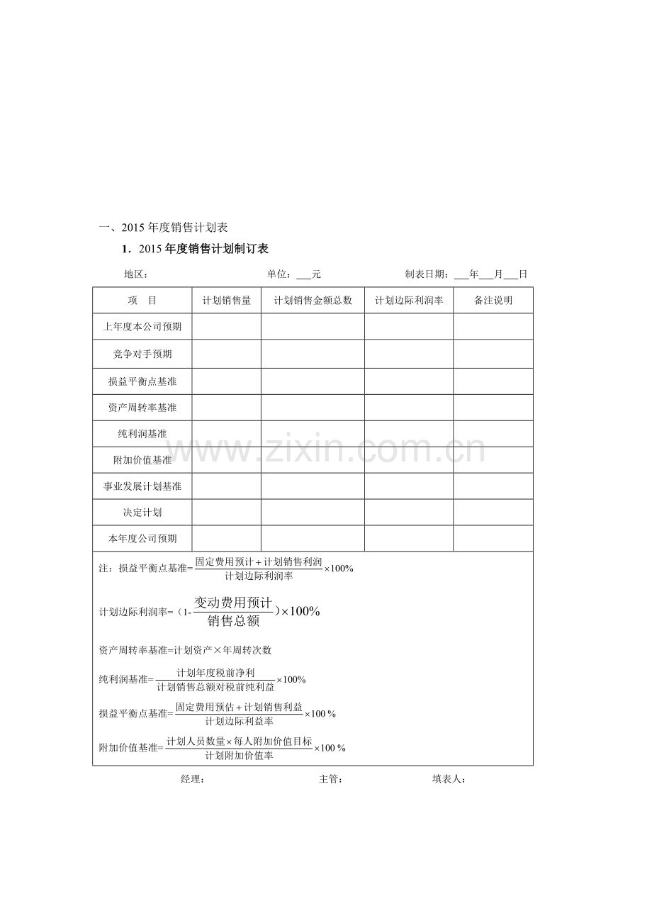 2015年度销售营销计划表范本.doc_第1页