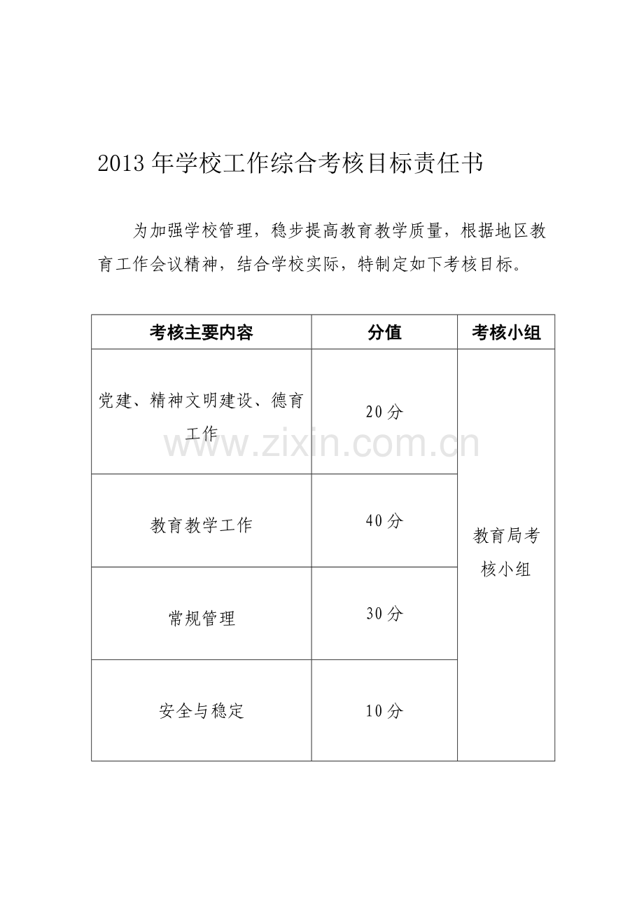 2013年学校工作综合考核目标责任书及考核细则.doc_第1页