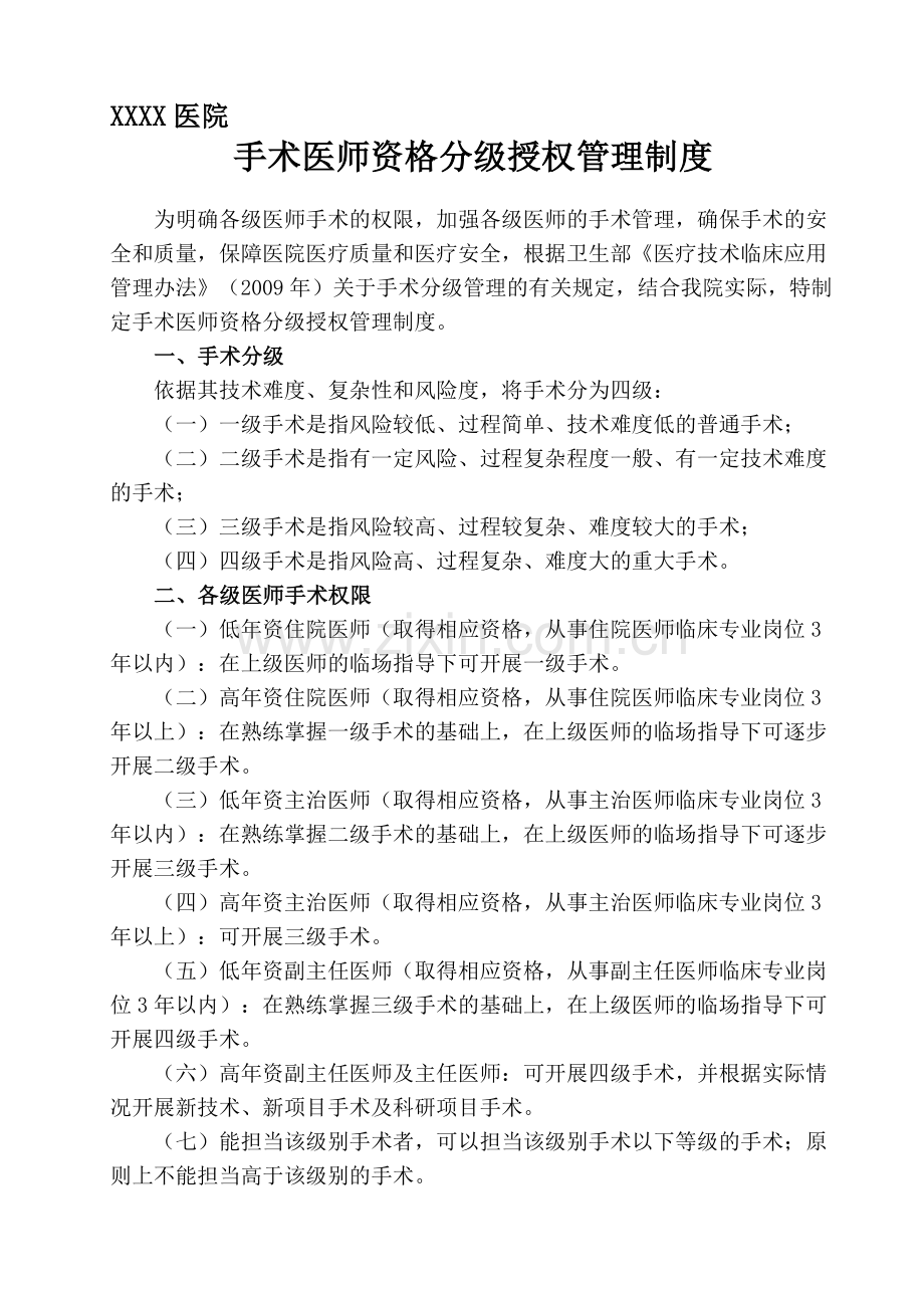 XXXX医院手术医师资格分级授权管理制度.doc_第1页