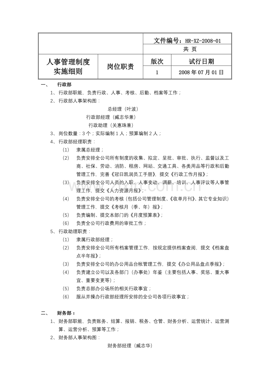 HR-XZ-200801-部门职能和岗位职责.doc_第1页