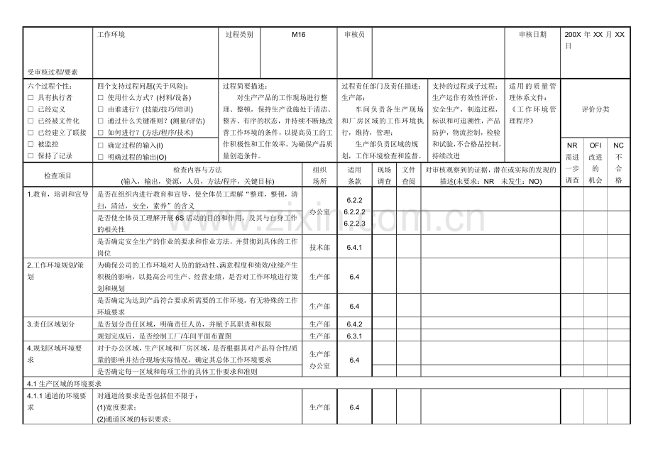 内部质量管理体系审核检查表(M16-工作环境).doc_第1页