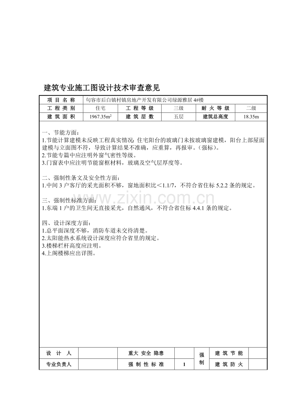 句容市后白镇村镇房地产开发有限公司绿源雅居4-楼各项专业施工图设计技术审查意见[1].doc_第1页