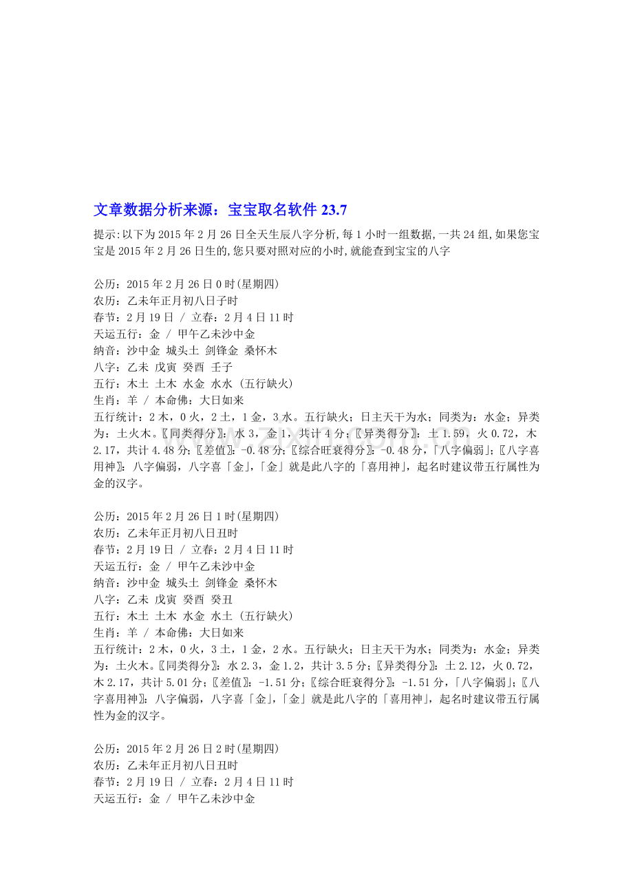2015年2月26日出生的宝宝生辰八字五行喜用神起名分析.doc_第1页