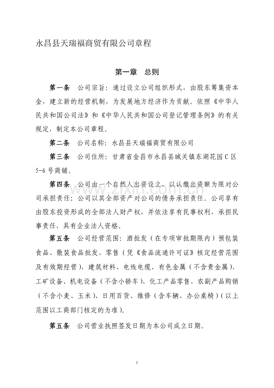 公司章程(一人有限公司)新.doc_第1页