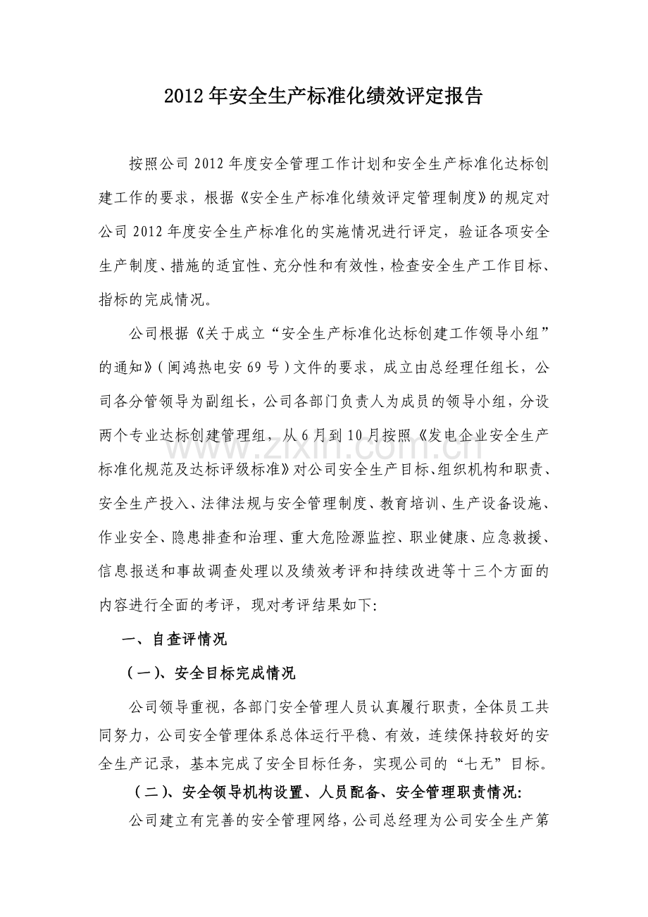2012年安全生产标准化绩效评定报告.doc_第1页