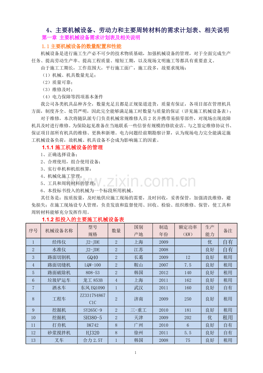 4、主要机械设备、劳动力和主要周转材料的需求计划表、相关说明.doc_第1页