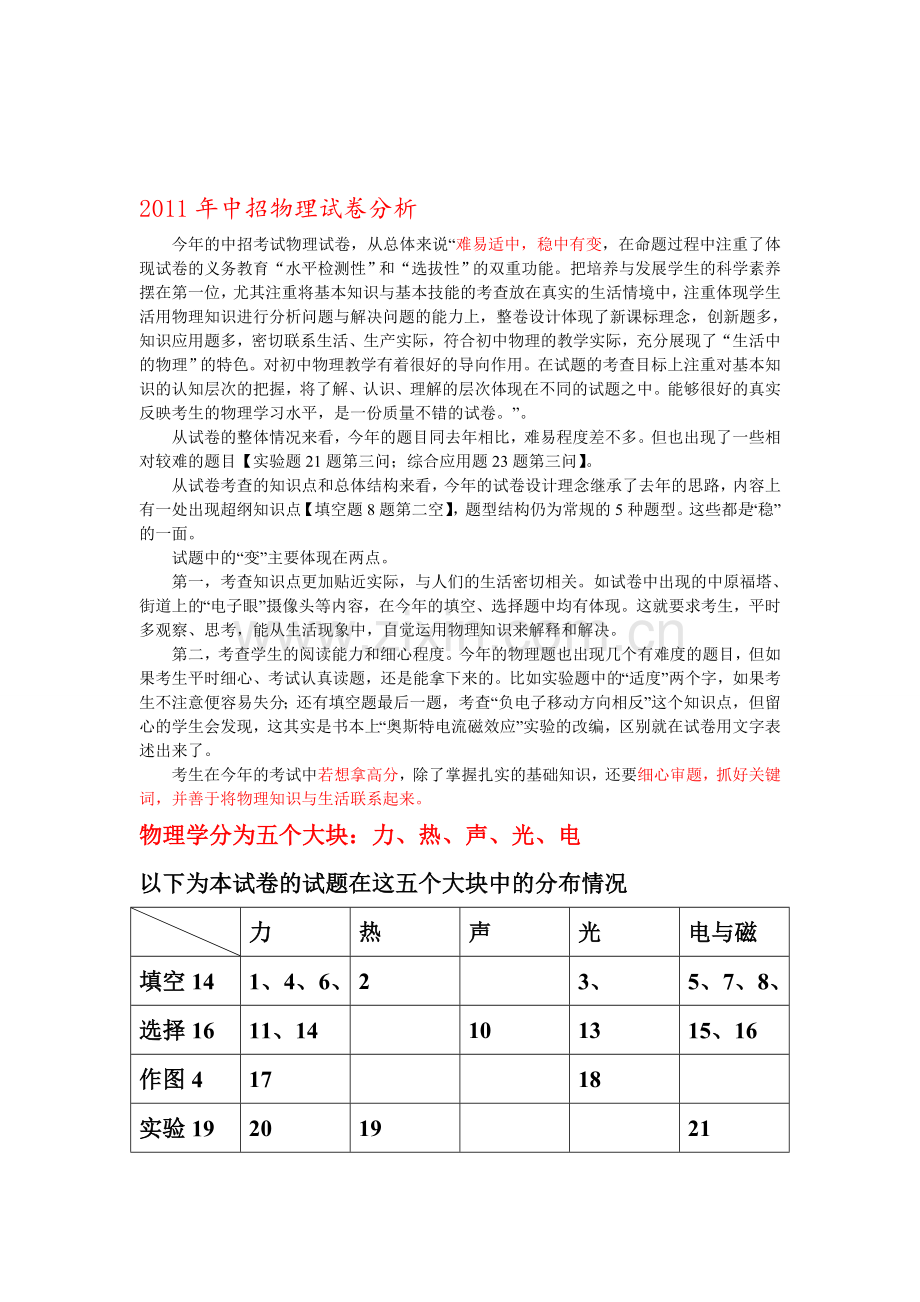 2011河南中招考试物理试题分析-word版本.doc_第1页