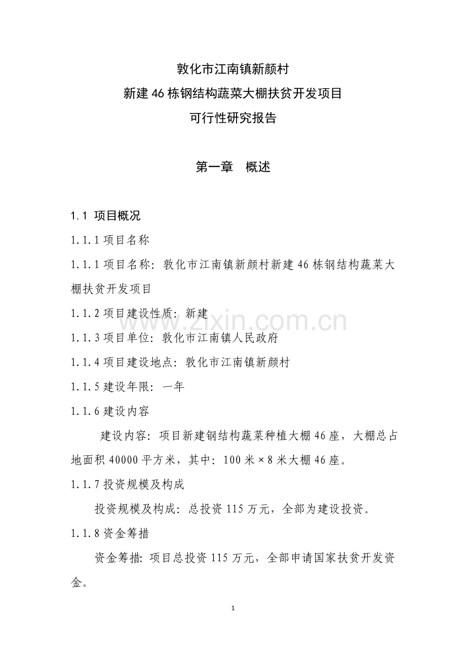 敦化市江南镇新颜村新建46栋钢结构蔬菜大棚扶贫开发项目可行性研究报告.doc_第1页