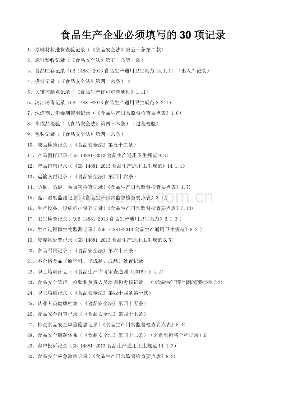 食品生产企业必须填写的30项生产相关记录.doc_第1页