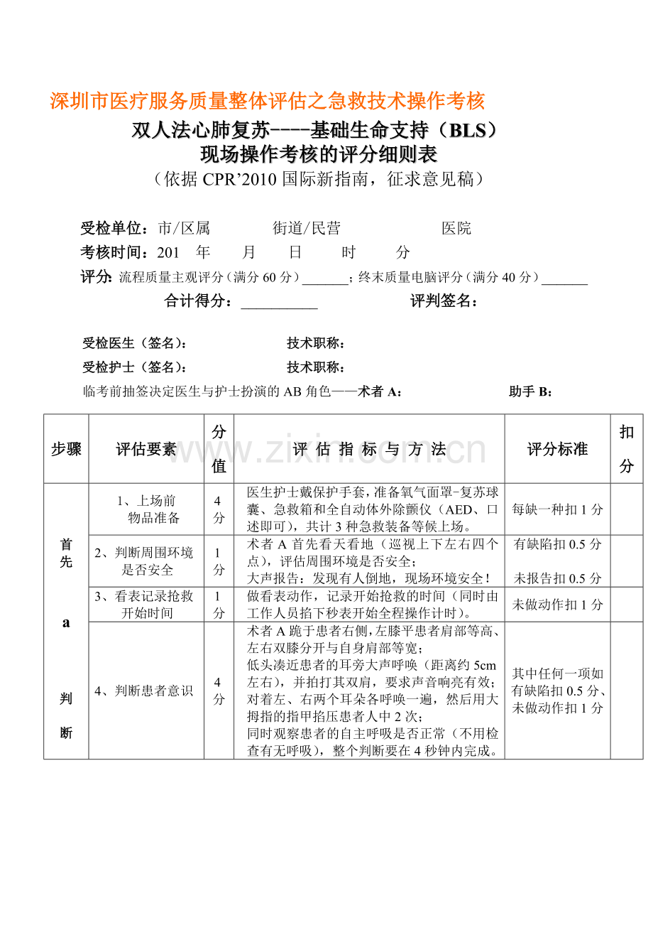 双人法CPR操作考核评分细则2011年.doc_第1页