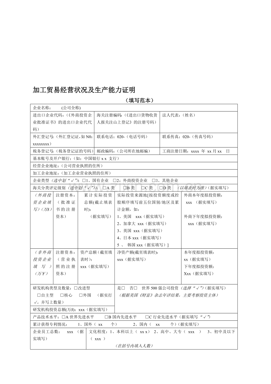 加工贸易经营状况及生产能力证明填写范本doc.doc_第1页