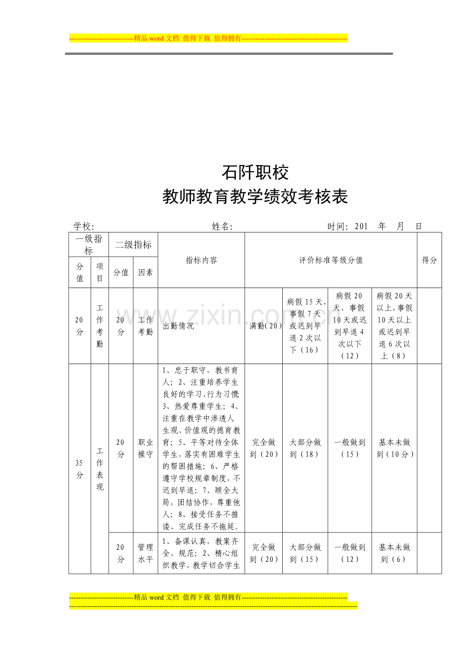 石阡县中等职业学校教师教育教学绩效考核表..doc_第1页