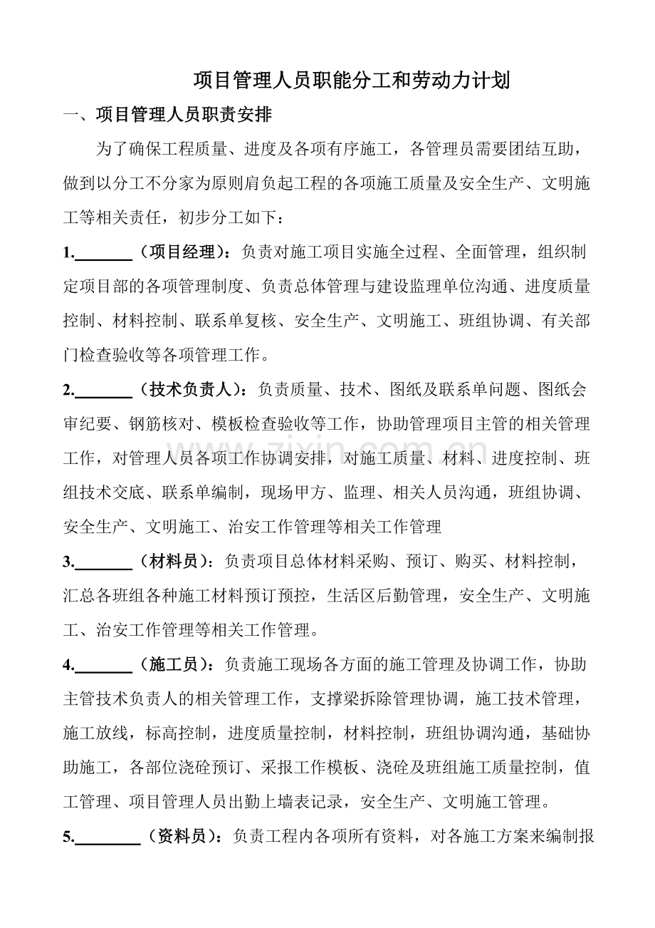项目部管理人员职责分工.doc_第1页