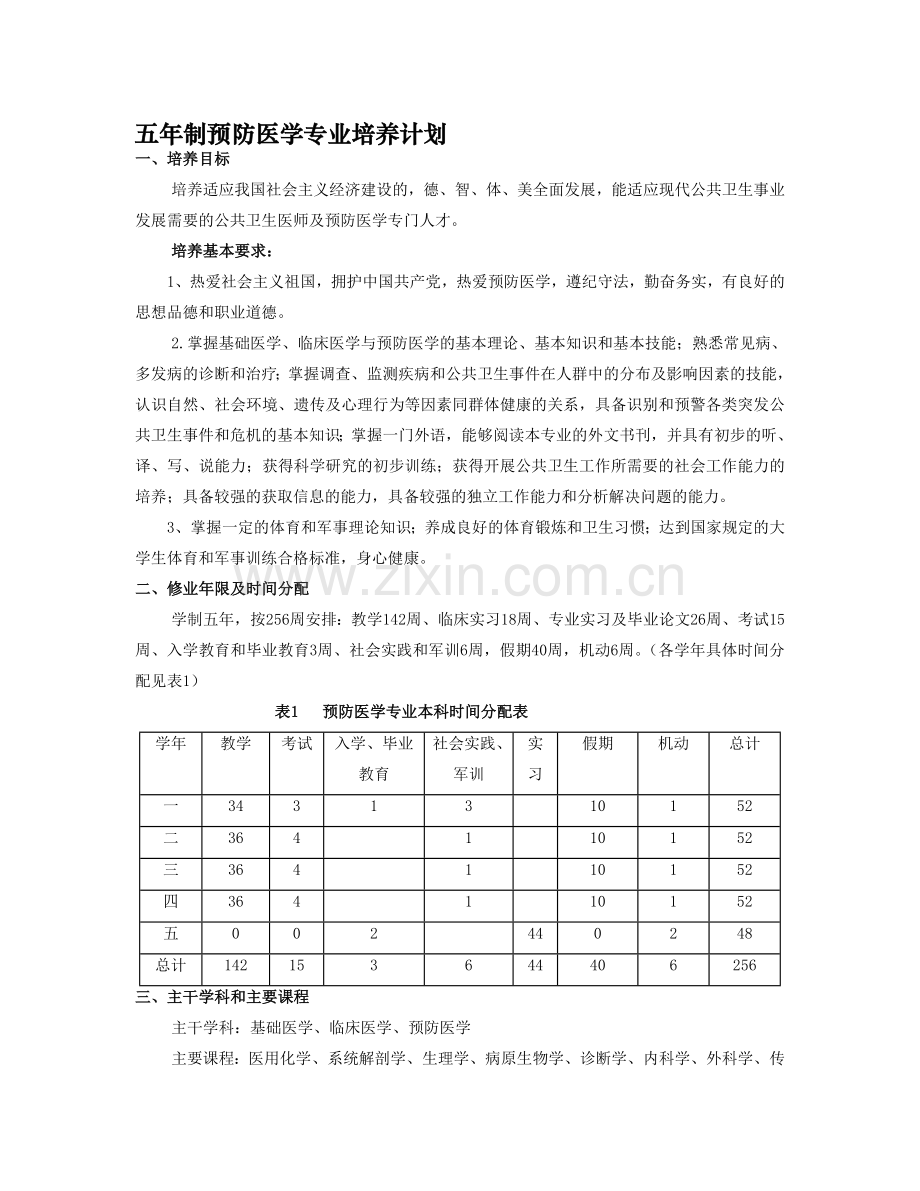 37.五年制预防医学专业本科教学计划.doc_第1页