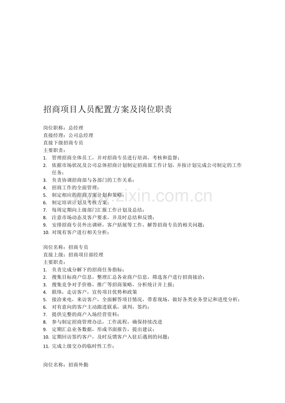 招商项目部人员配置方案及岗位职责.doc_第1页