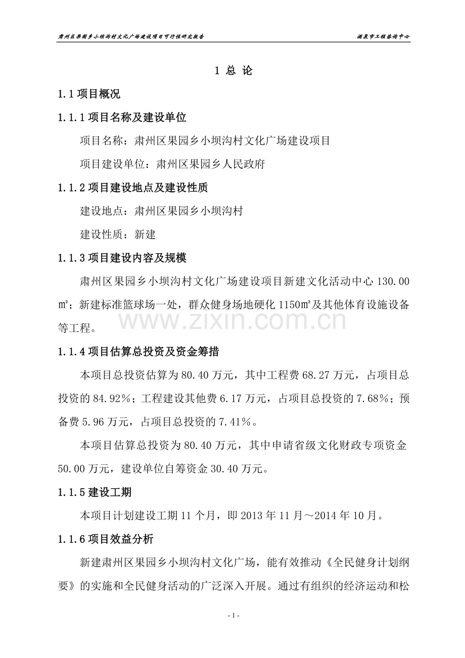 果园乡小坝沟村文化广场建设项目可行性研究报告.doc_第1页