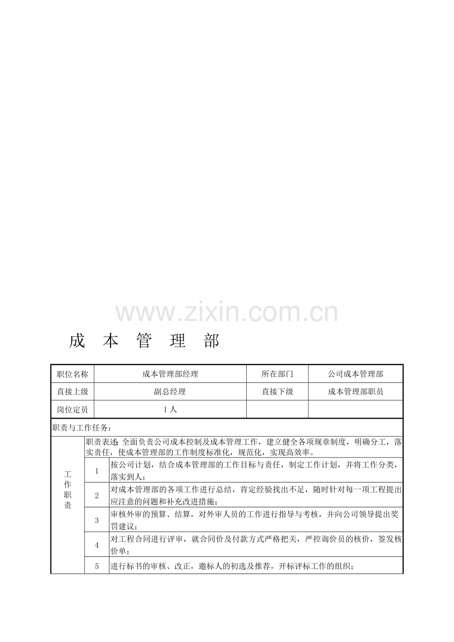 成本管理部岗位定员及职责.doc_第1页