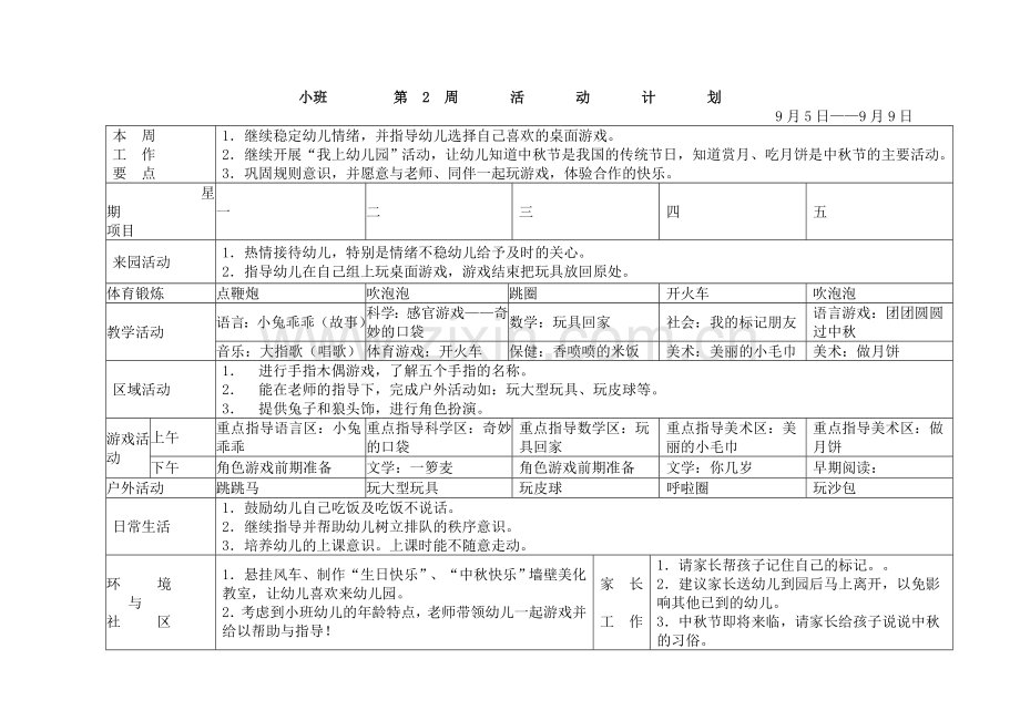 幼儿园小班周活动计划表.doc_第2页