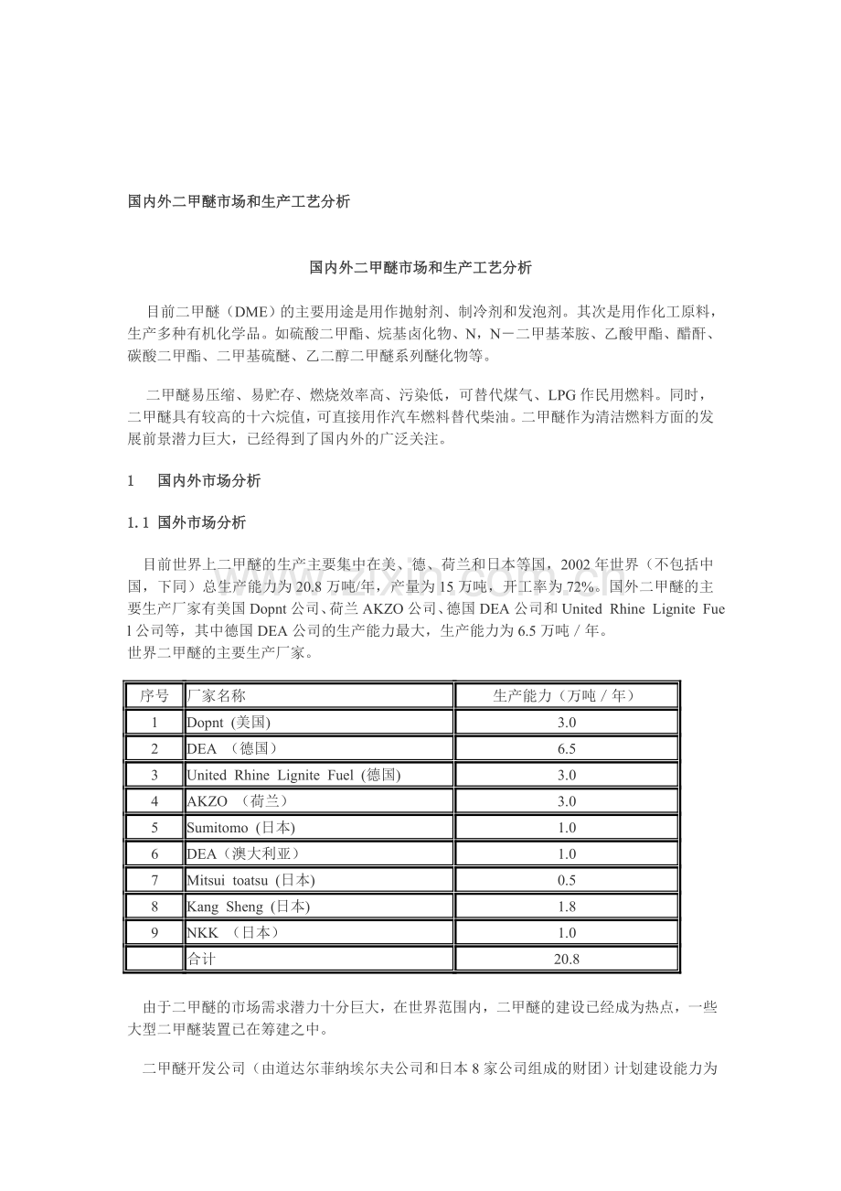 国内外二甲醚市场和生产工艺分析.doc_第1页