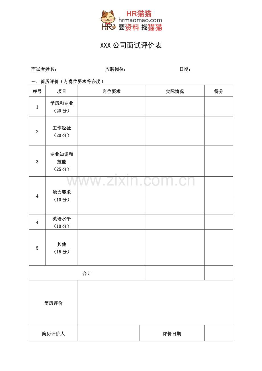 很实用的《面试评价表》-HR猫猫.doc_第1页